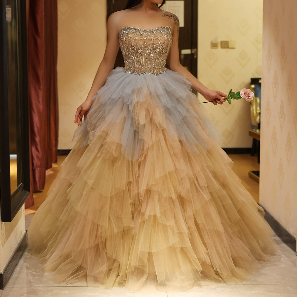 Luxury Beaded Rose Gold Blue Ruffles Princess Ball Gown Evening Dress SS731