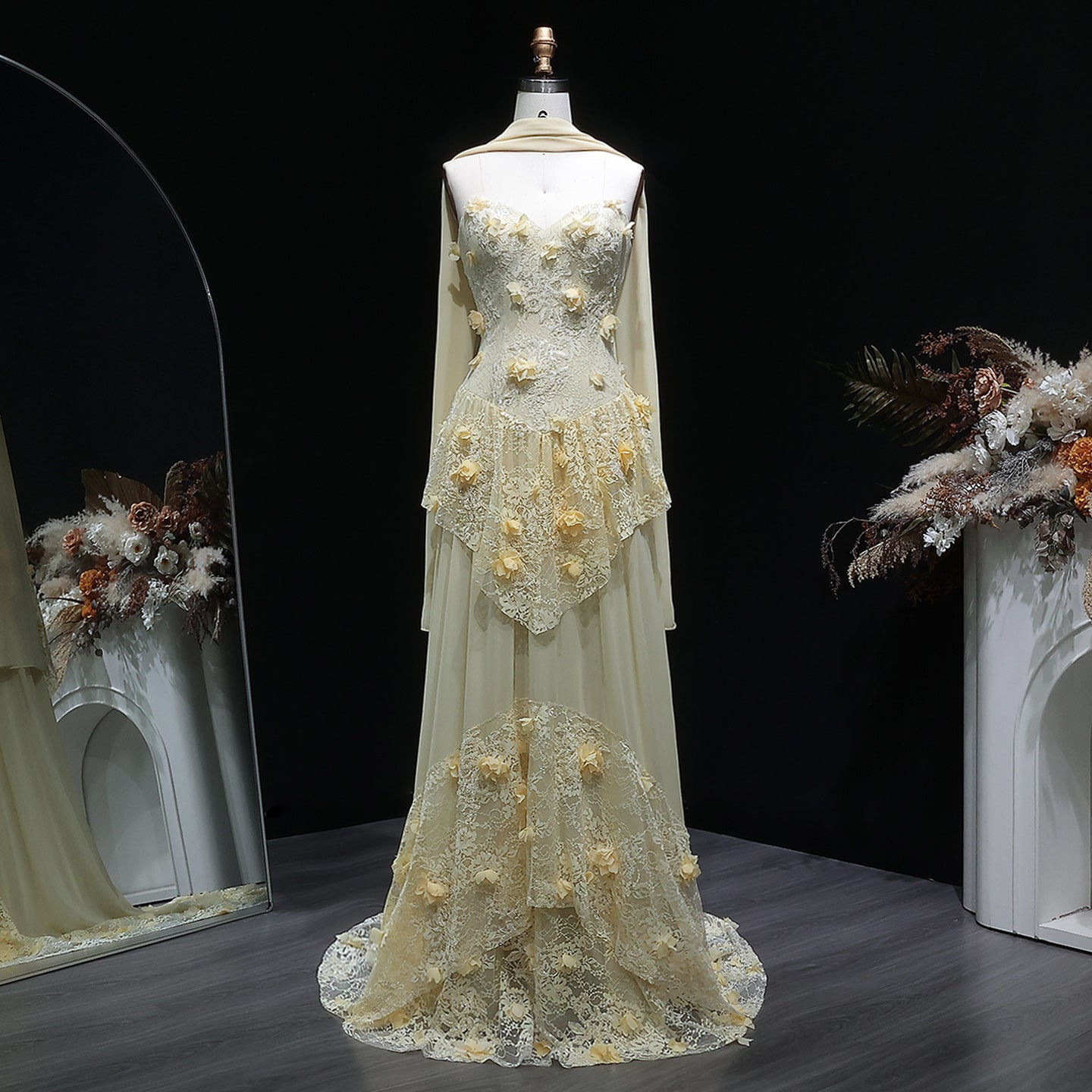 Elegant Light Yellow Floral 3D Strapless Evening Dress with Overskirt SS654