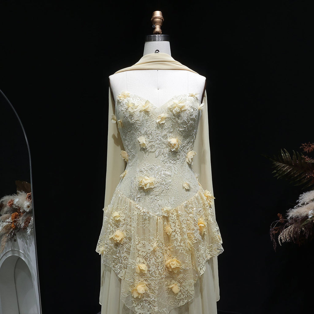 Elegant Light Yellow Floral 3D Strapless Evening Dress with Overskirt SS654