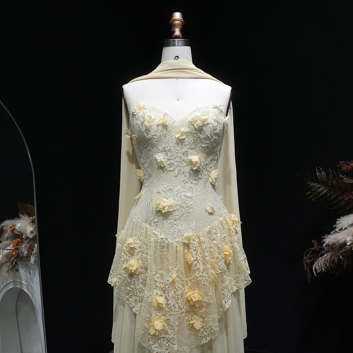 Elegant Light Yellow Floral 3D Strapless Evening Dress with Overskirt SS654