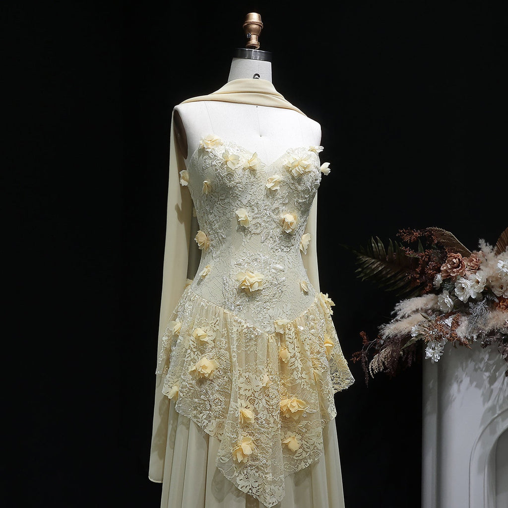 Elegant Light Yellow Floral 3D Strapless Evening Dress with Overskirt SS654