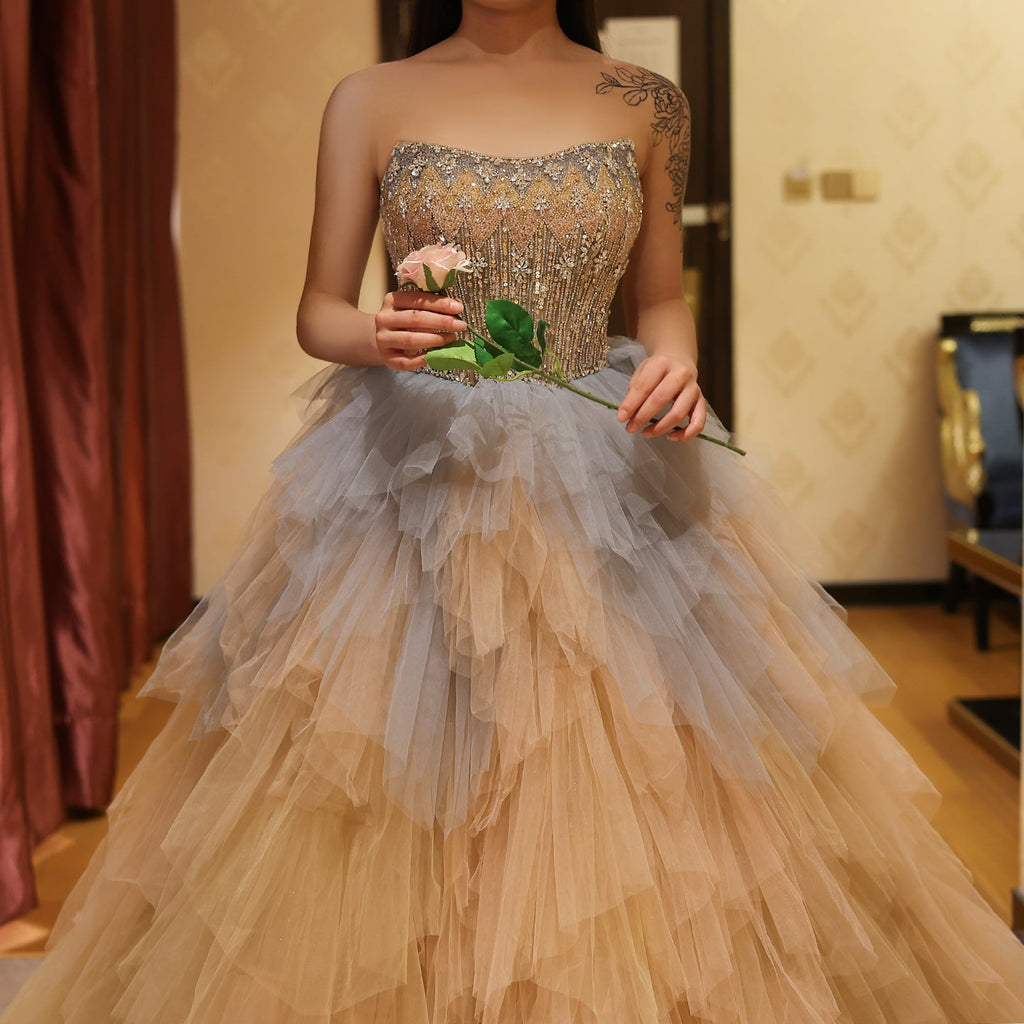 Luxury Beaded Rose Gold Blue Ruffles Princess Ball Gown Evening Dress SS731