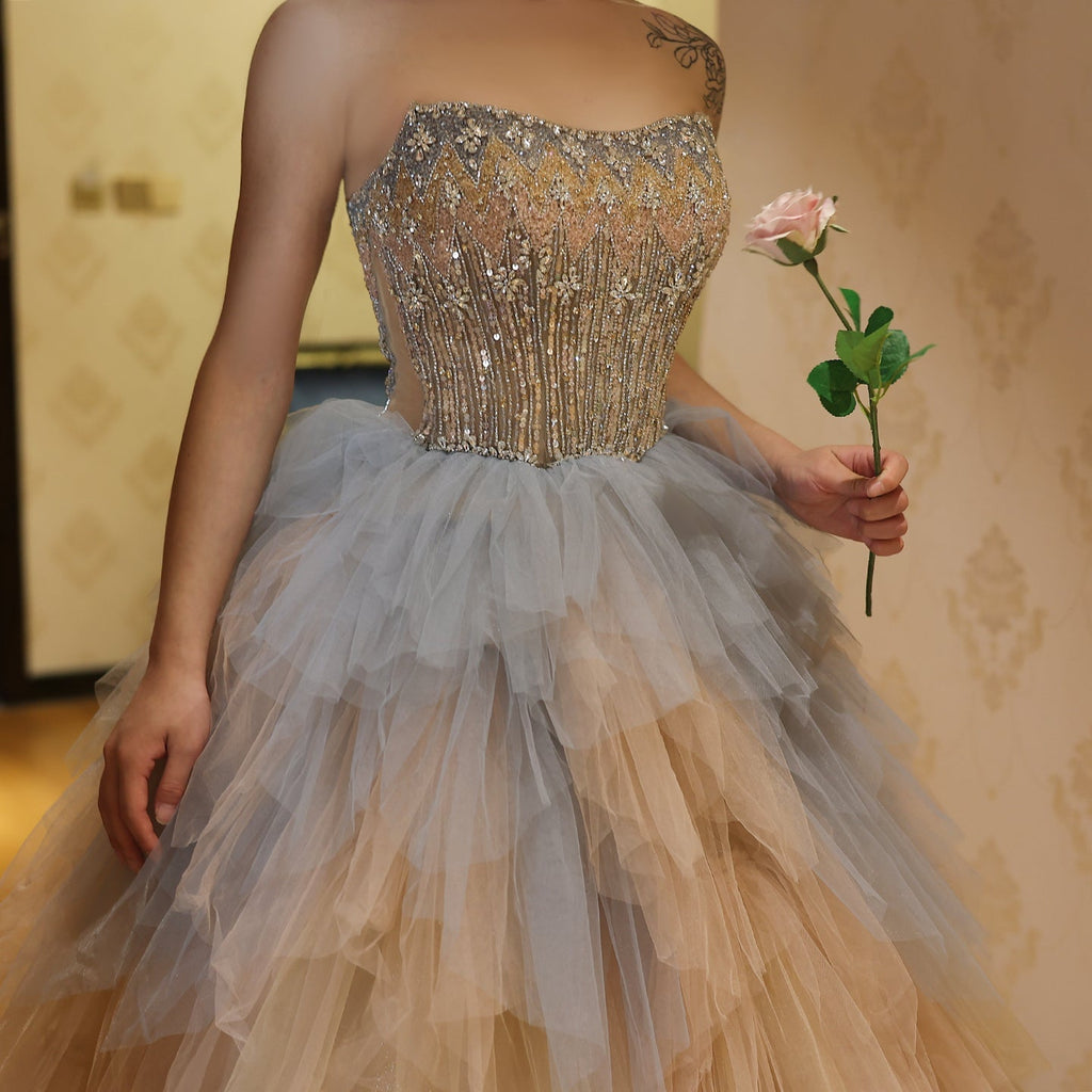 Luxury Beaded Rose Gold Blue Ruffles Princess Ball Gown Evening Dress SS731