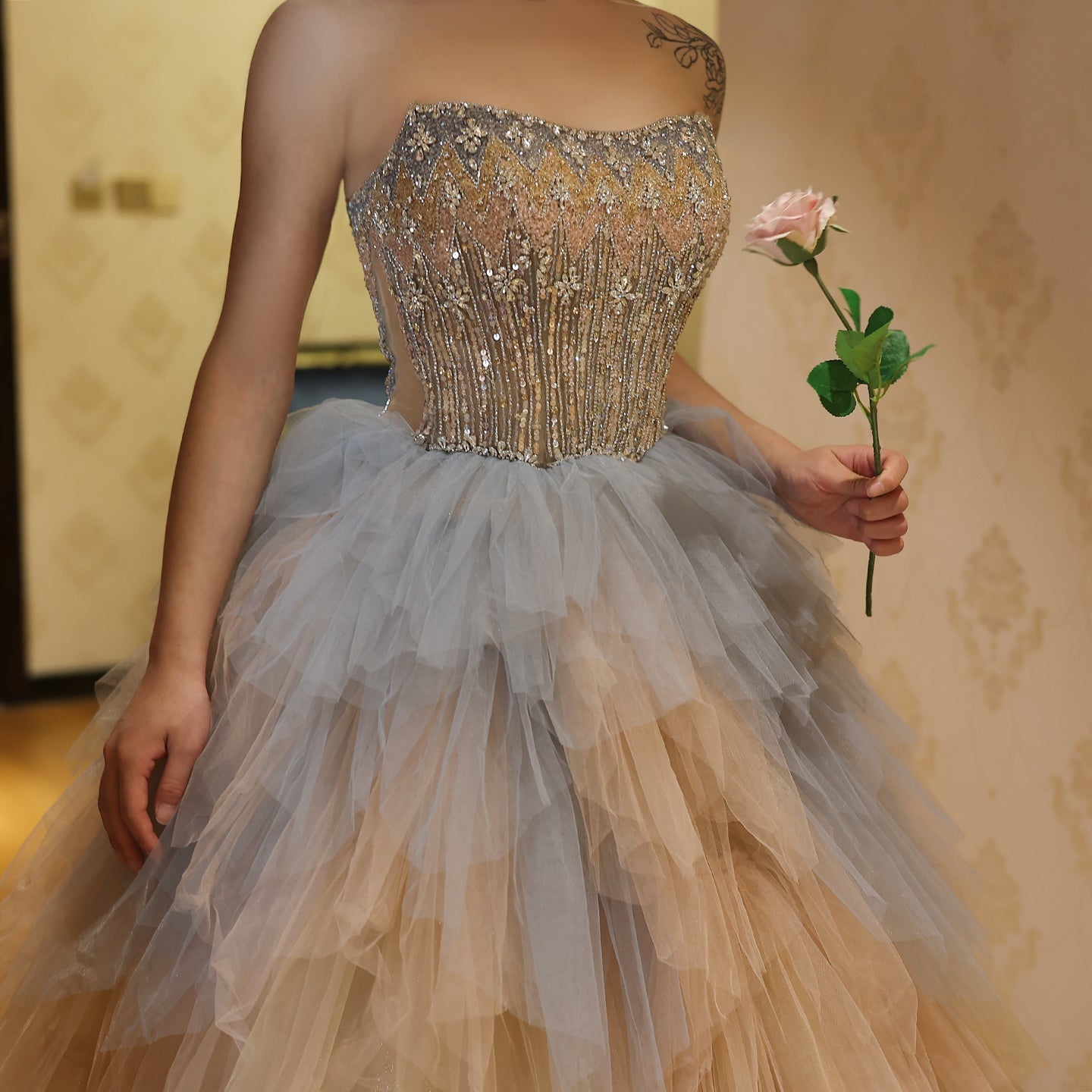 Luxury Beaded Rose Gold Blue Ruffles Princess Ball Gown Evening Dress SS731