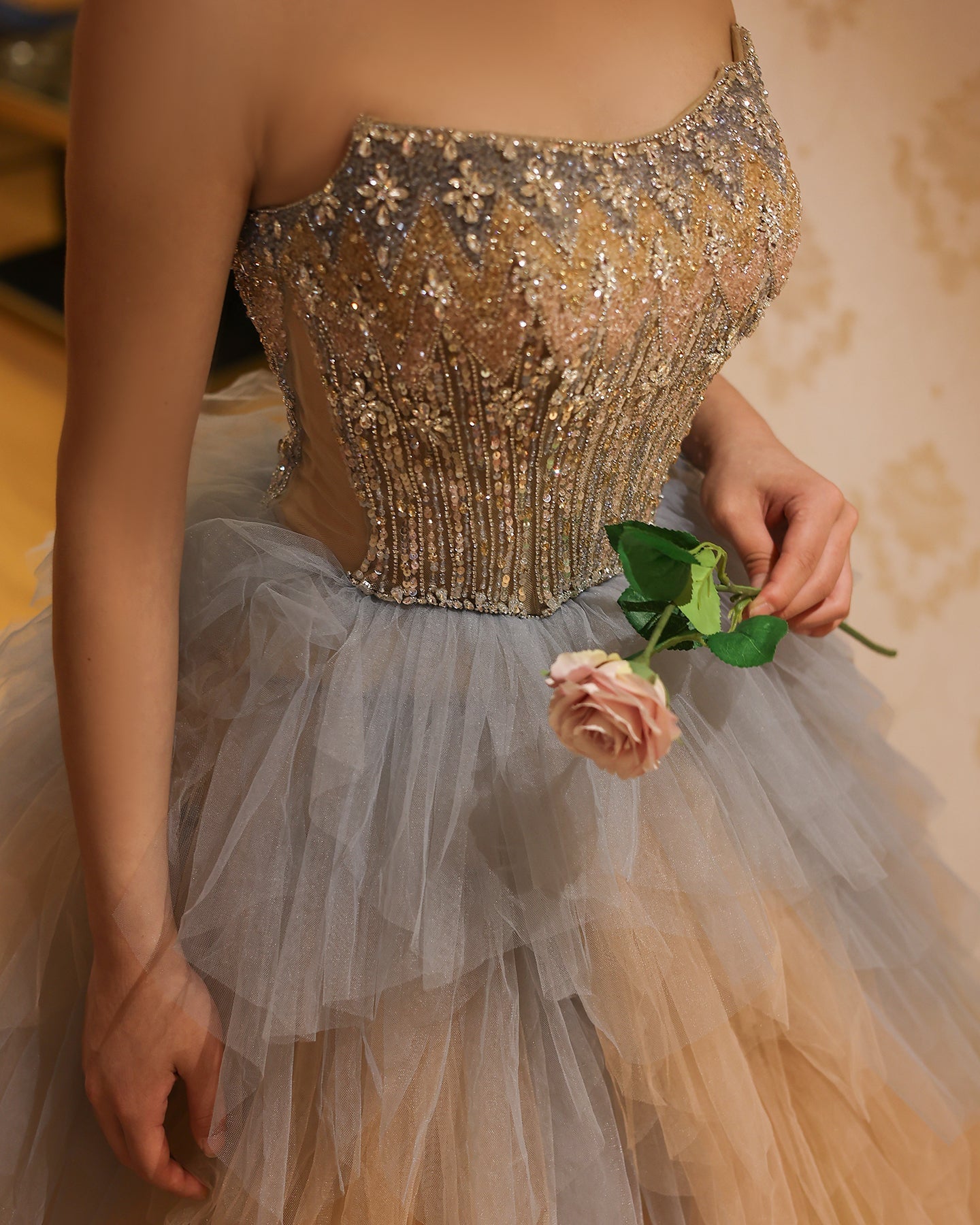 Luxury Beaded Rose Gold Blue Ruffles Princess Ball Gown Evening Dress SS731