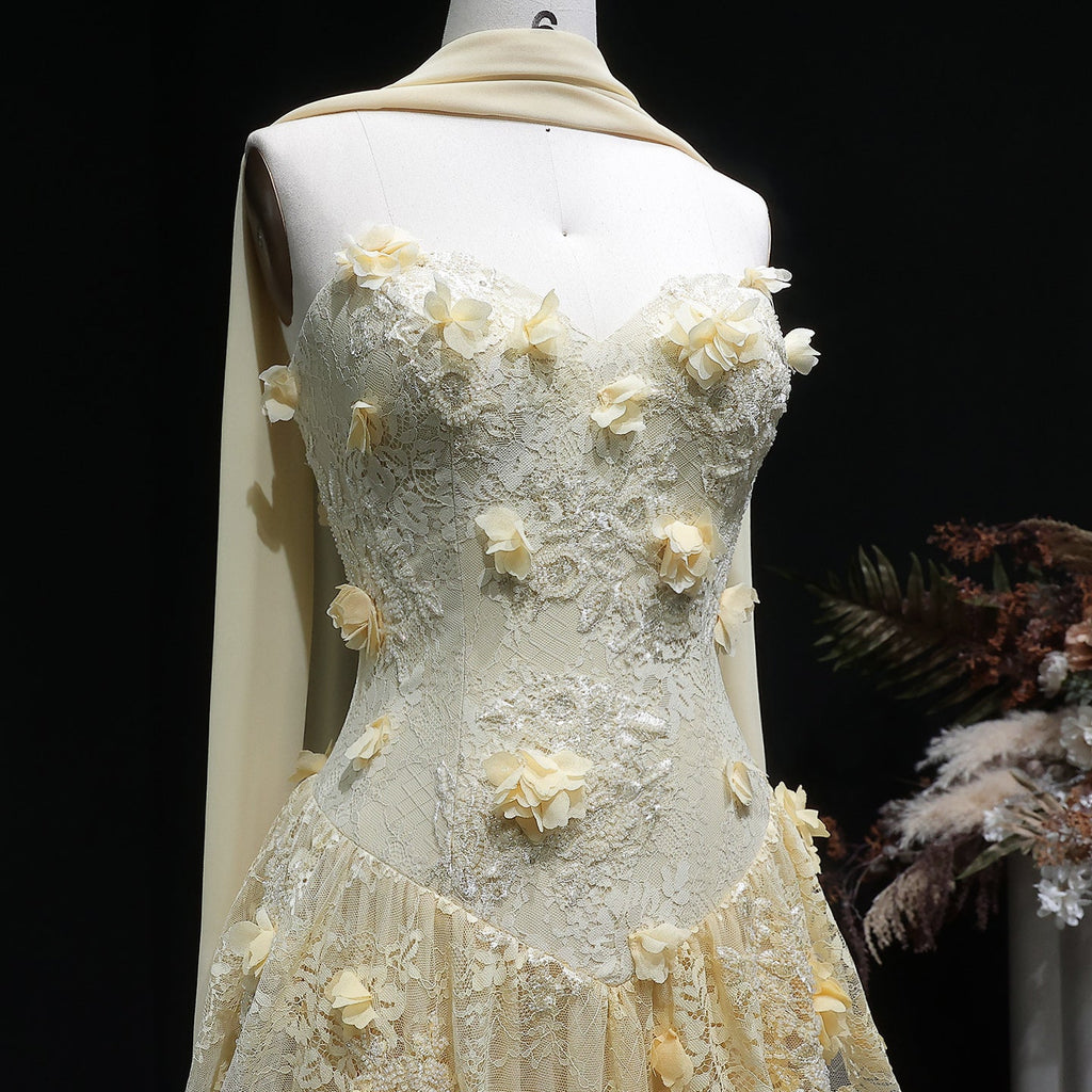 Elegant Light Yellow Floral 3D Strapless Evening Dress with Overskirt SS654
