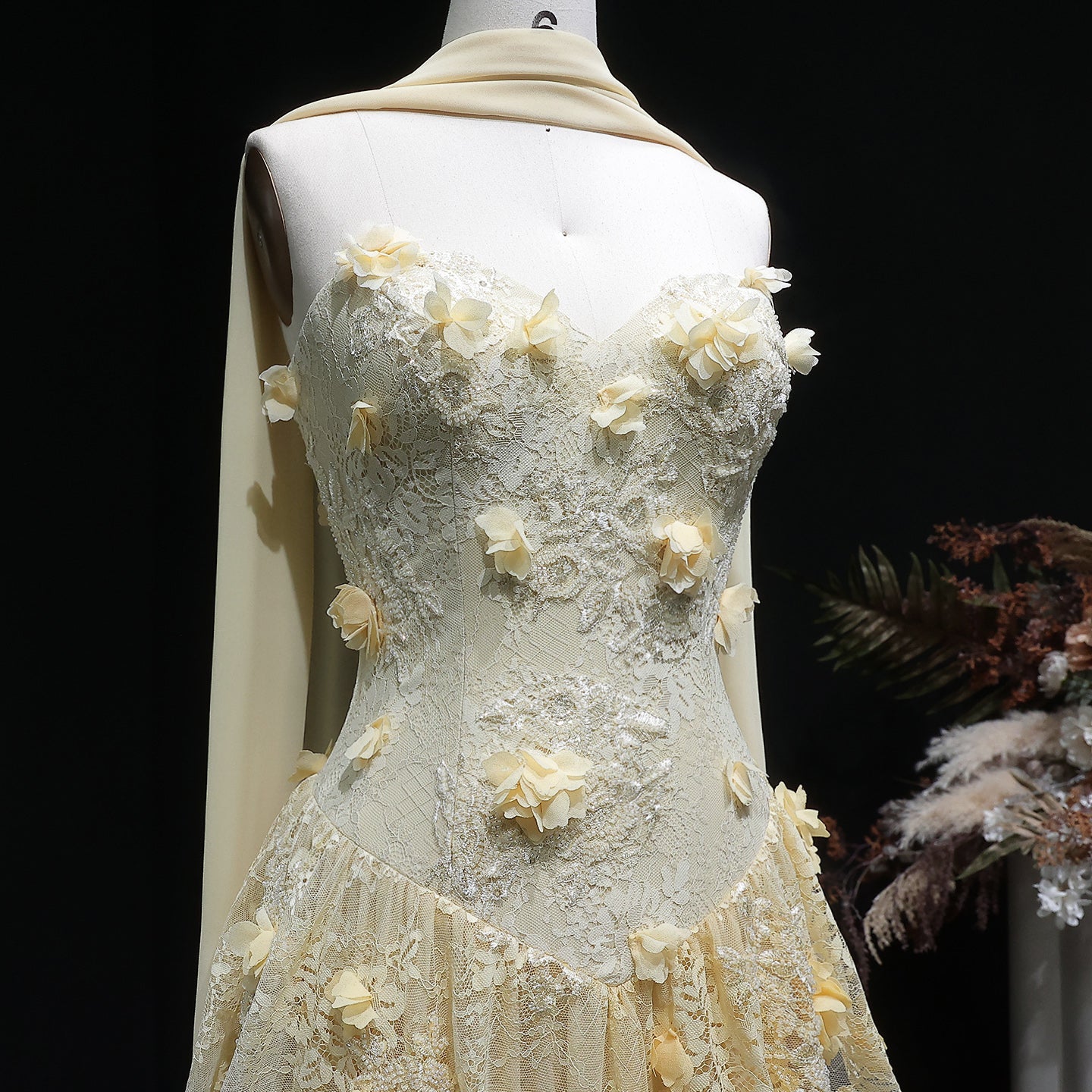 Elegant Light Yellow Floral 3D Strapless Evening Dress with Overskirt SS654