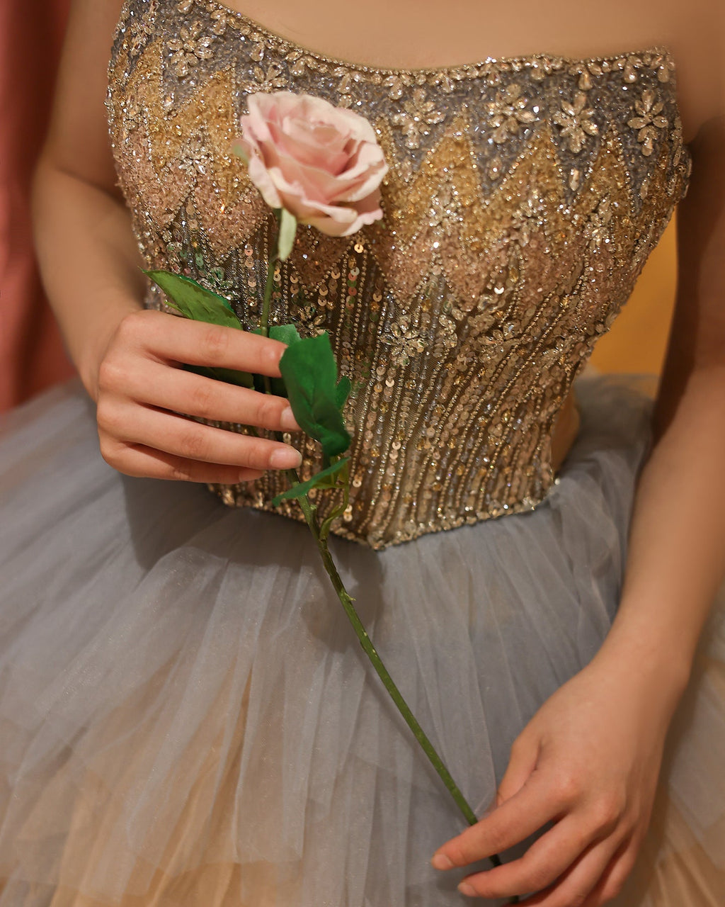 Luxury Beaded Rose Gold Blue Ruffles Princess Ball Gown Evening Dress SS731