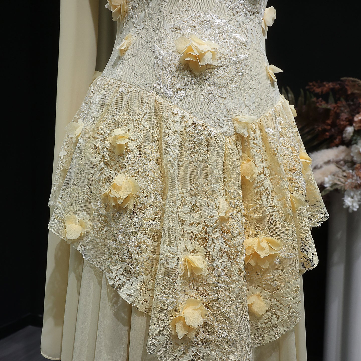 Elegant Light Yellow Floral 3D Strapless Evening Dress with Overskirt SS654