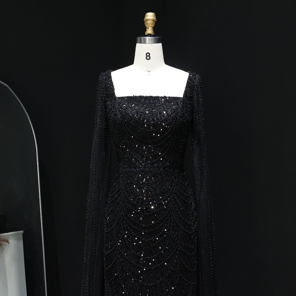 Luxury Beaded Blue Mermaid Evening Dress with Cape Sleeves SS690