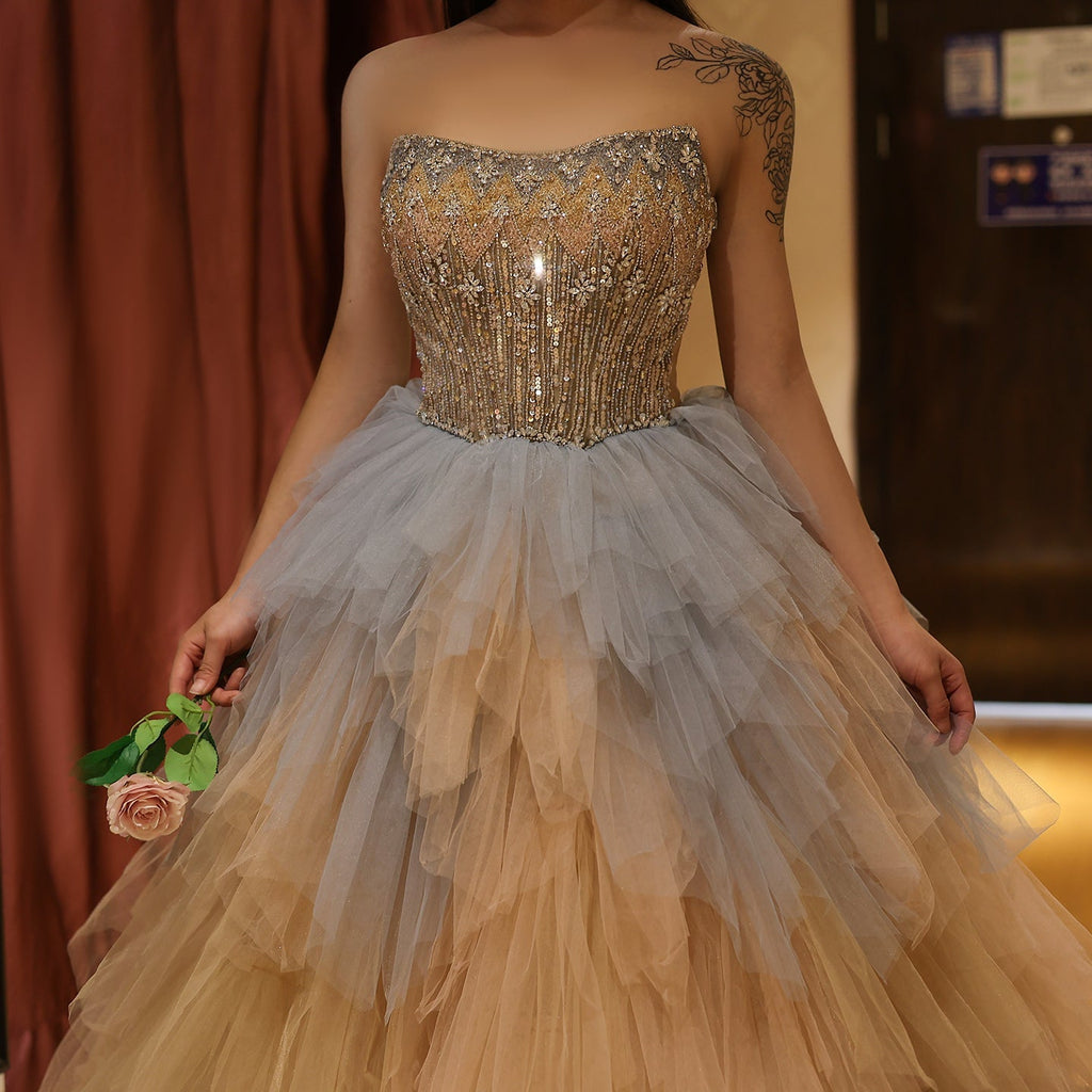 Luxury Beaded Rose Gold Blue Ruffles Princess Ball Gown Evening Dress SS731
