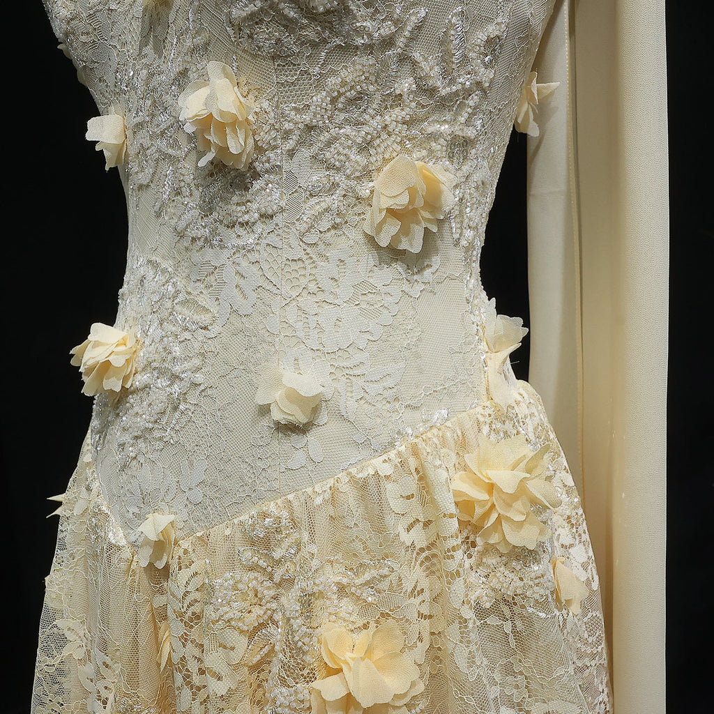 Elegant Light Yellow Floral 3D Strapless Evening Dress with Overskirt SS654
