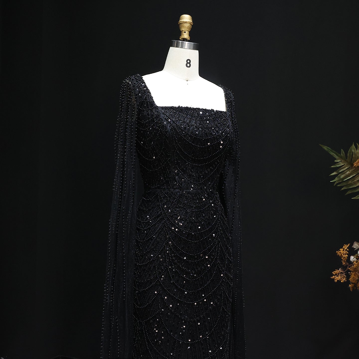 Luxury Beaded Blue Mermaid Evening Dress with Cape Sleeves SS690