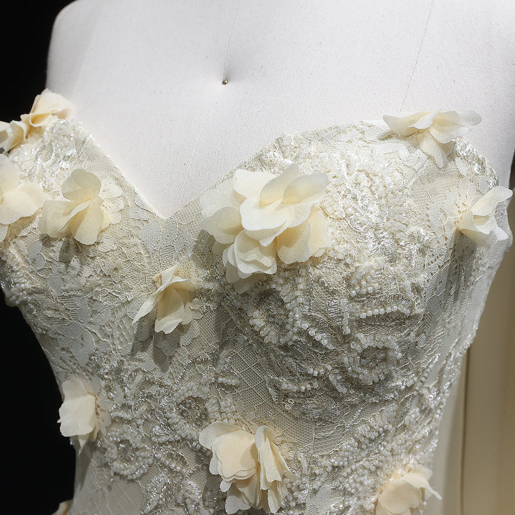 Elegant Light Yellow Floral 3D Strapless Evening Dress with Overskirt SS654