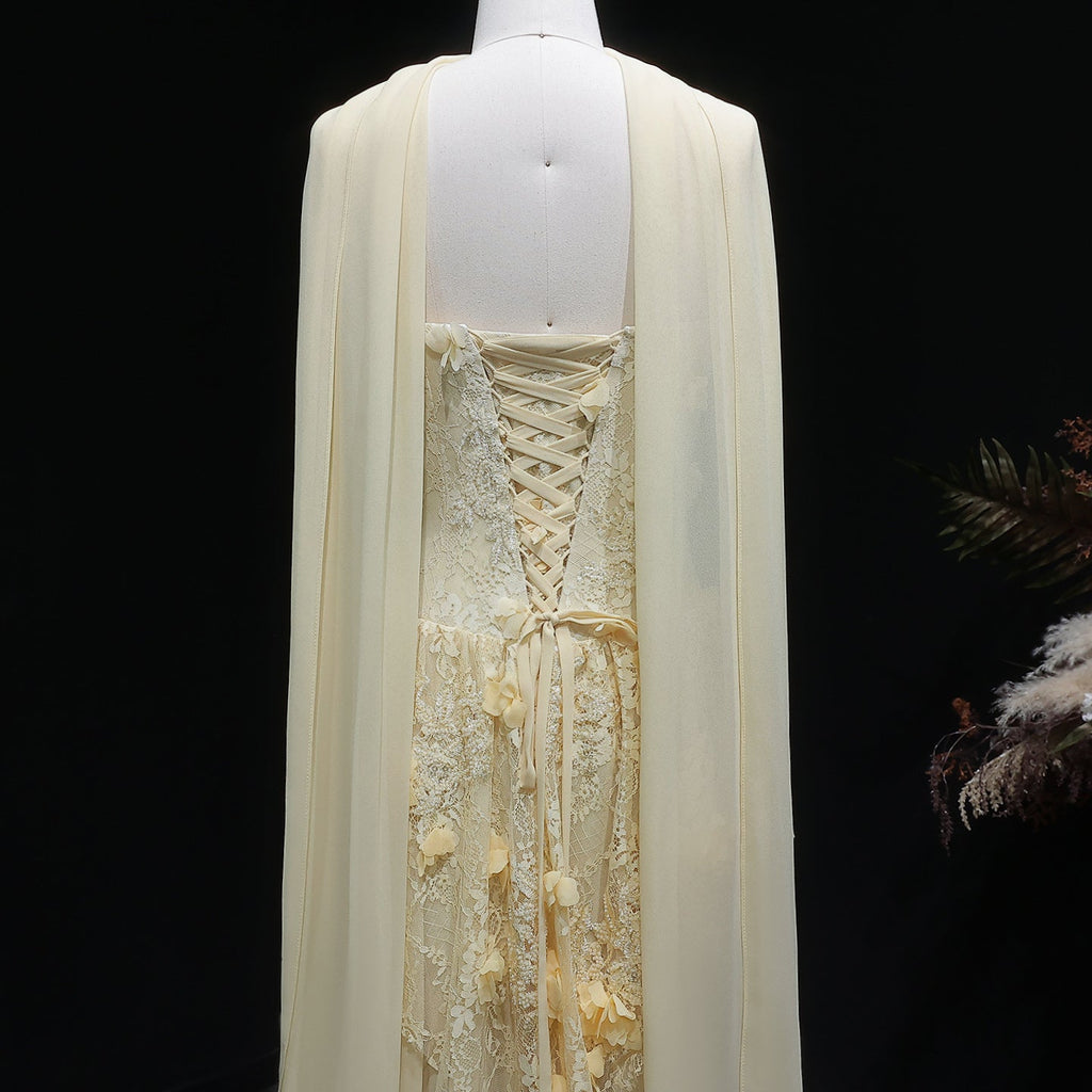 Elegant Light Yellow Floral 3D Strapless Evening Dress with Overskirt SS654