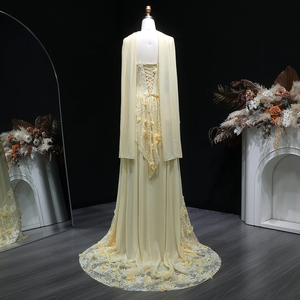 Elegant Light Yellow Floral 3D Strapless Evening Dress with Overskirt SS654