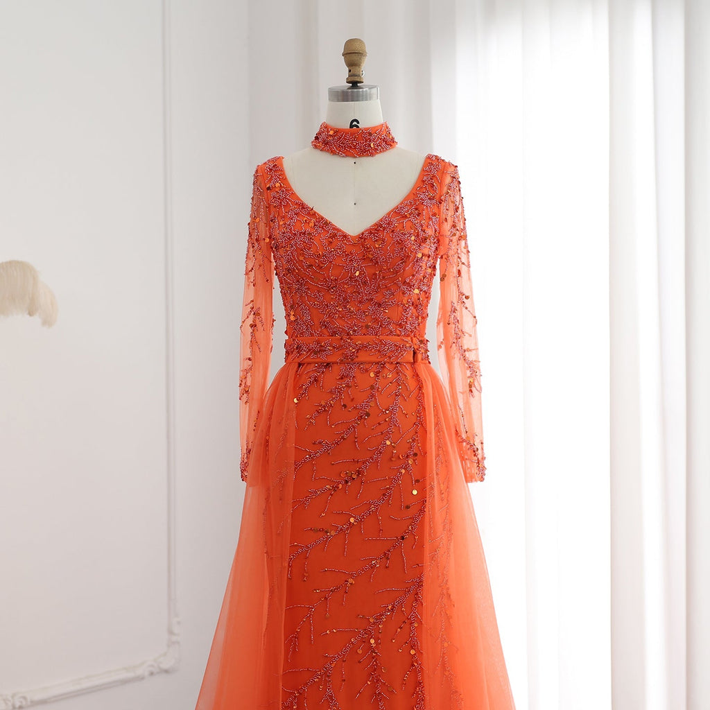 Luxury Beaded Orange Long Sleeves Evening Dress with Overskirt SS222