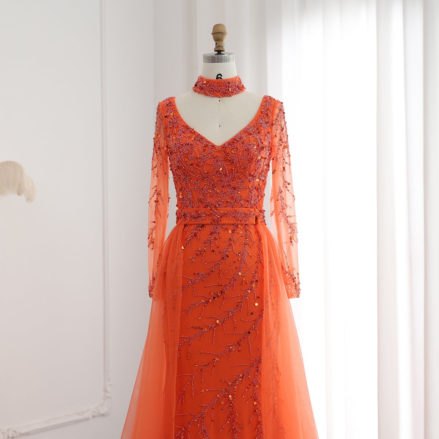 Luxury Beaded Orange Long Sleeves Evening Dress with Overskirt SS222
