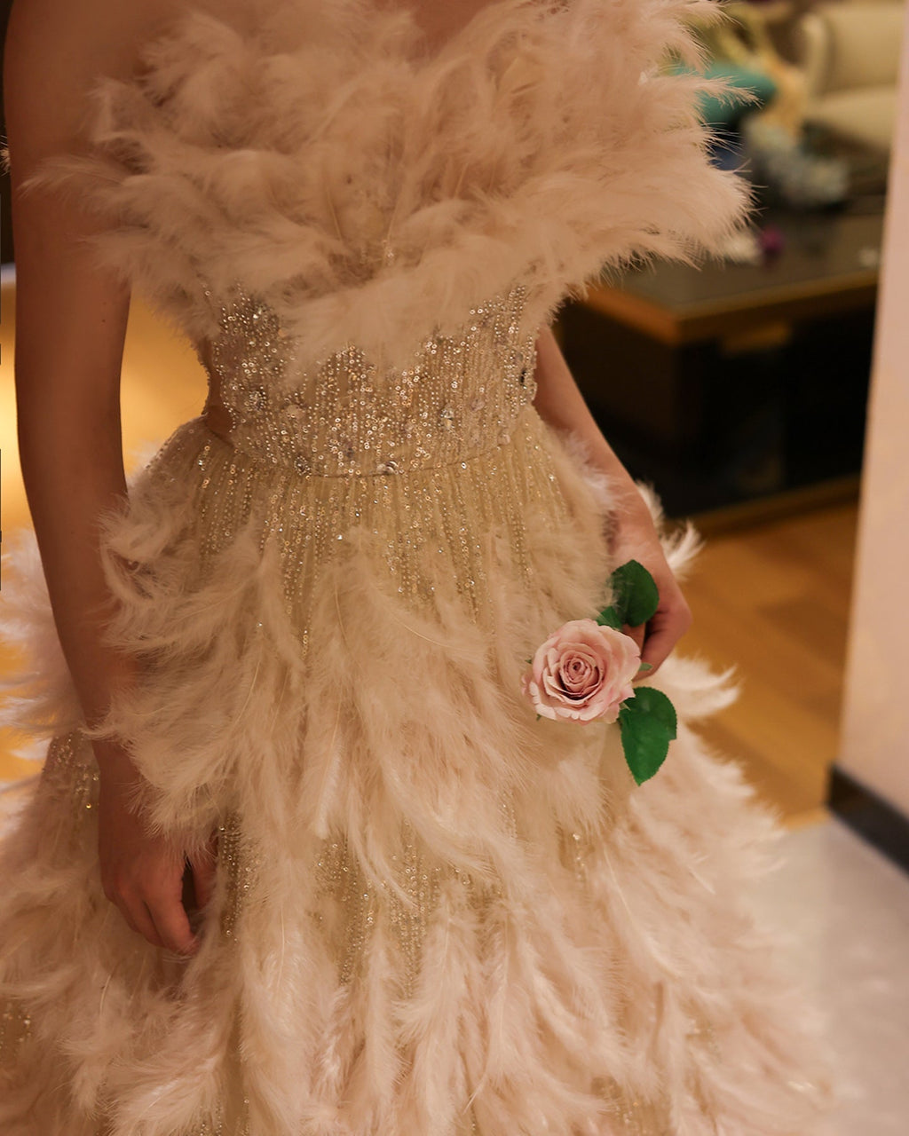Luxury Feathers Cream A-Line Princess Ball Gown Evening Dress SS732