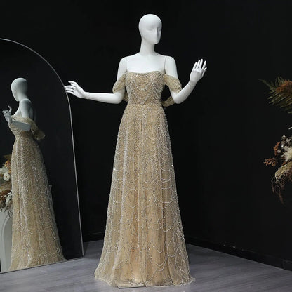 Luxury Beaded Champagne Off-Shoulder Evening Dress SS676