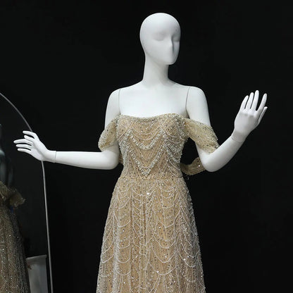 Luxury Beaded Champagne Off-Shoulder Evening Dress SS676