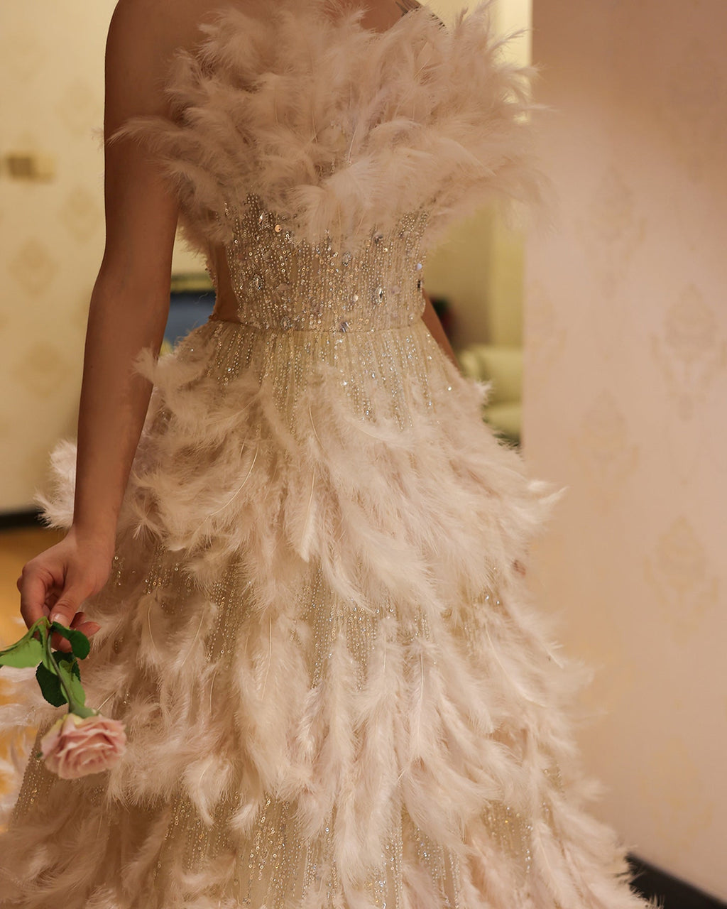 Luxury Feathers Cream A-Line Princess Ball Gown Evening Dress SS732