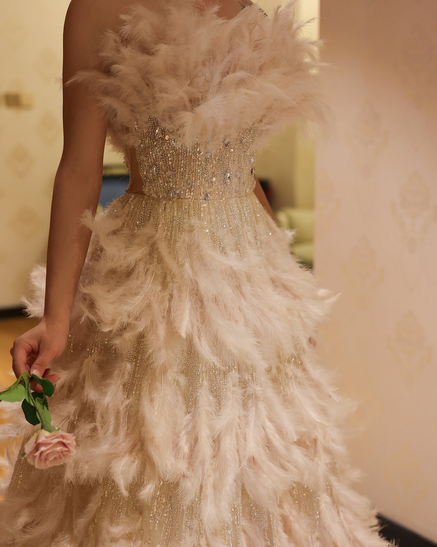 Luxury Feathers Cream A-Line Princess Ball Gown Evening Dress SS732