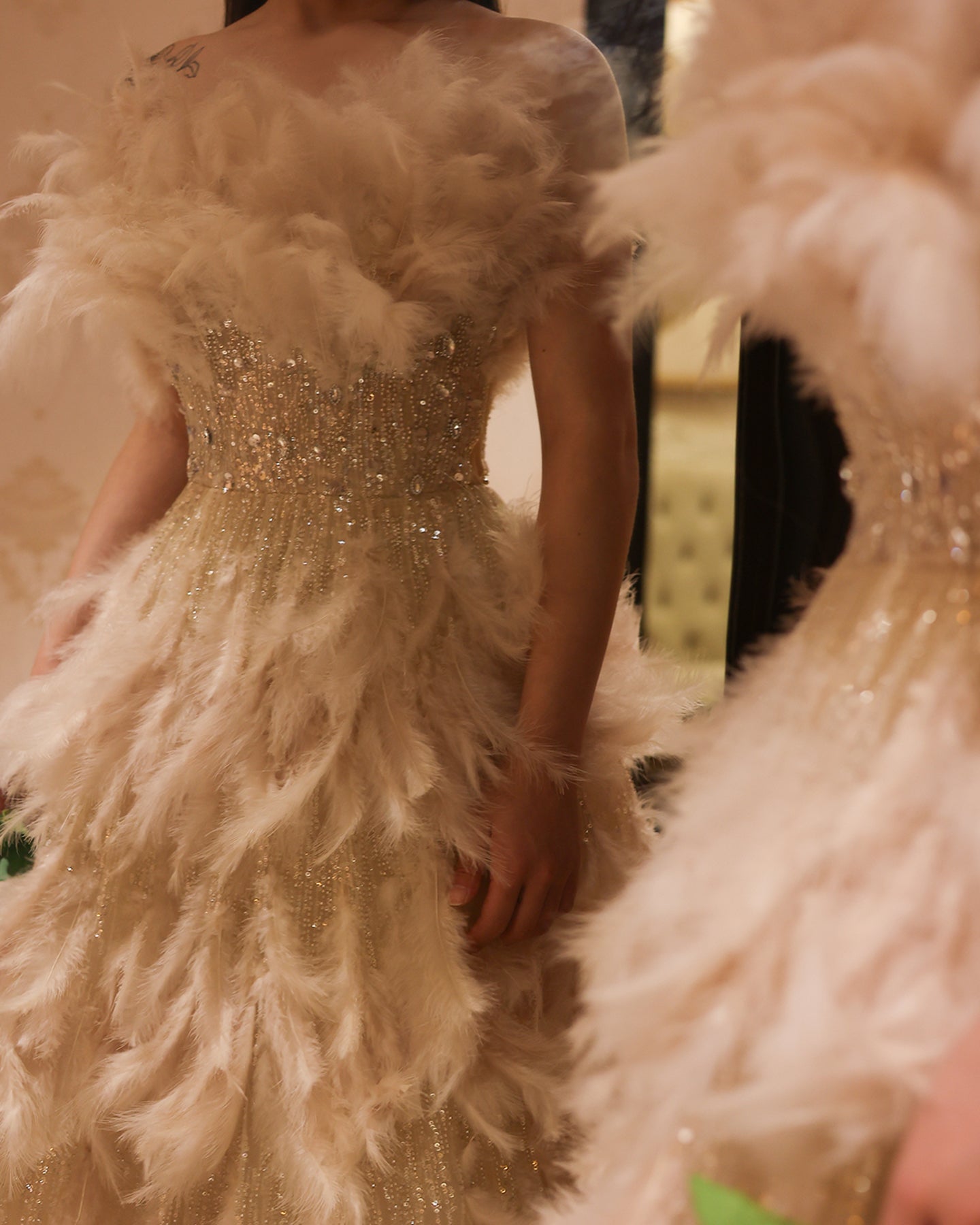 Luxury Feathers Cream A-Line Princess Ball Gown Evening Dress SS732