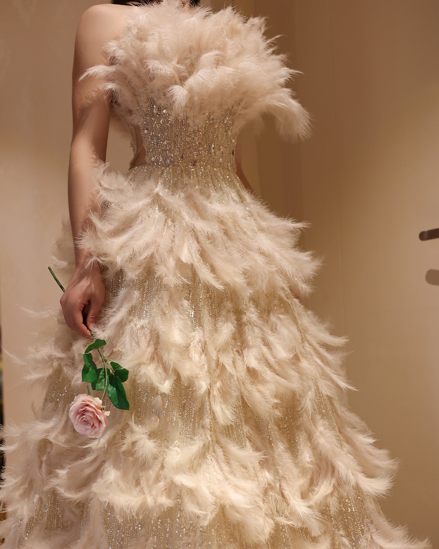 Luxury Feathers Cream A-Line Princess Ball Gown Evening Dress SS732