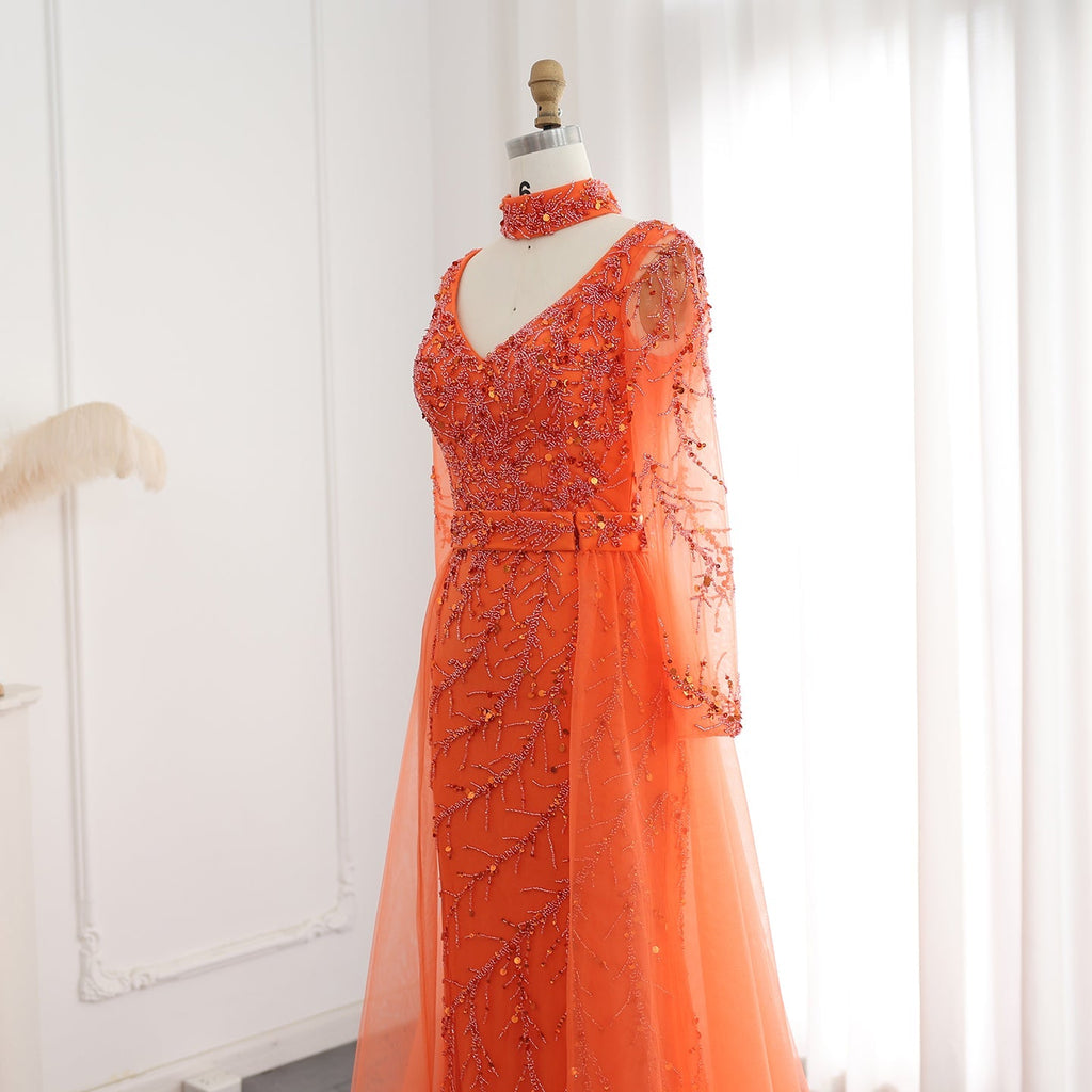 Luxury Beaded Orange Long Sleeves Evening Dress with Overskirt SS222