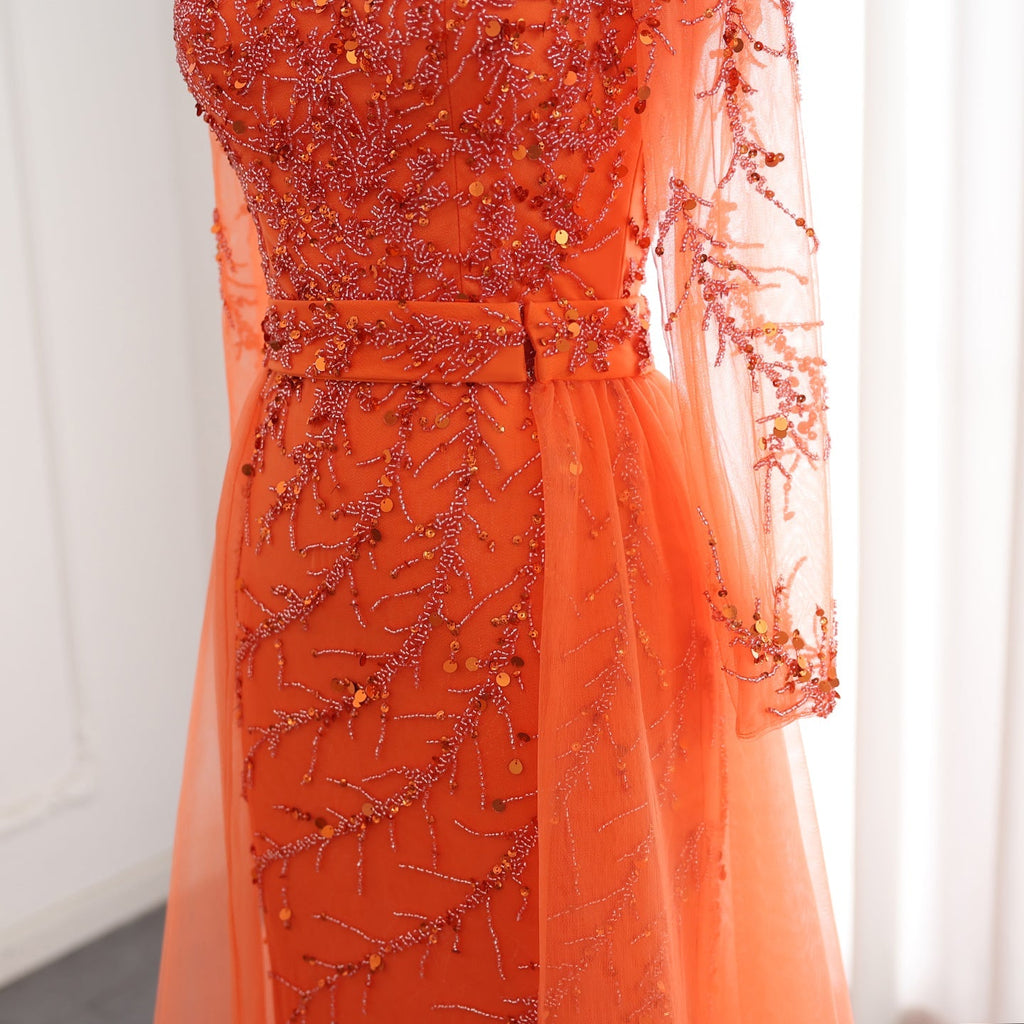 Luxury Beaded Orange Long Sleeves Evening Dress with Overskirt SS222