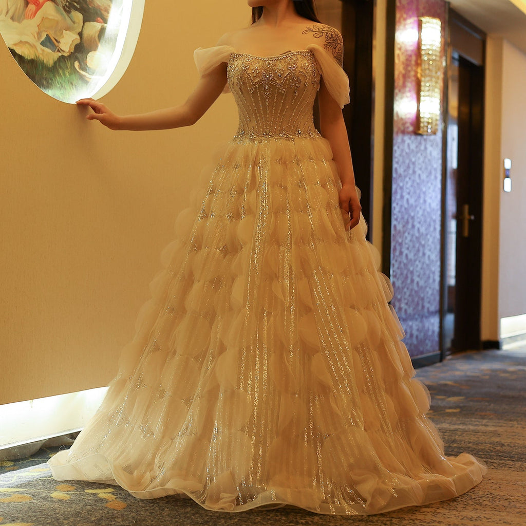 Luxury Crystal Blush Pink Off Shoulder Ruffles Evening Dress SS733