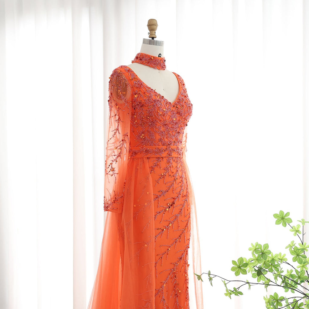Luxury Beaded Orange Long Sleeves Evening Dress with Overskirt SS222