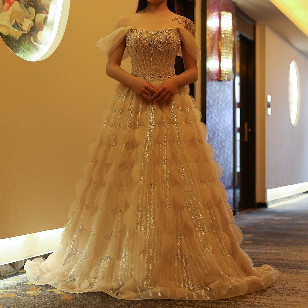 Luxury Crystal Blush Pink Off Shoulder Ruffles Evening Dress SS733