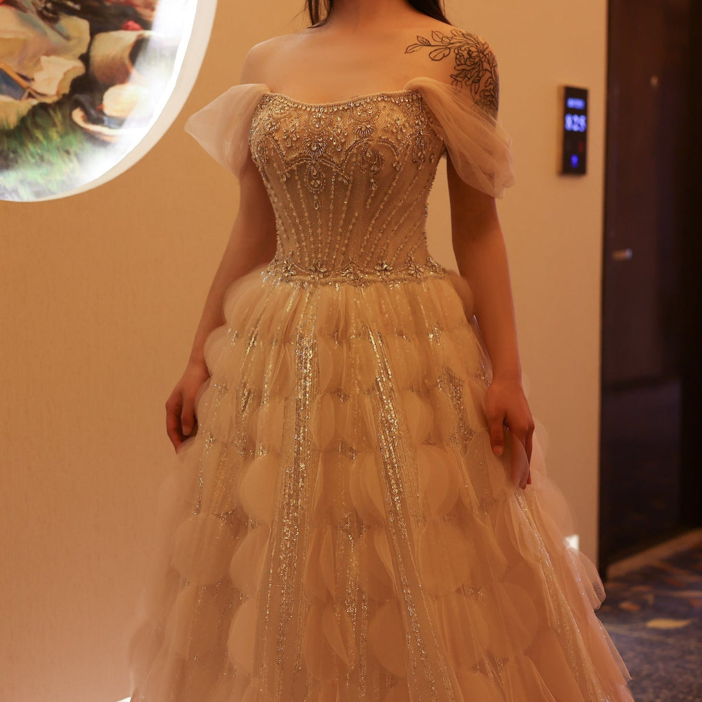 Luxury Crystal Blush Pink Off Shoulder Ruffles Evening Dress SS733