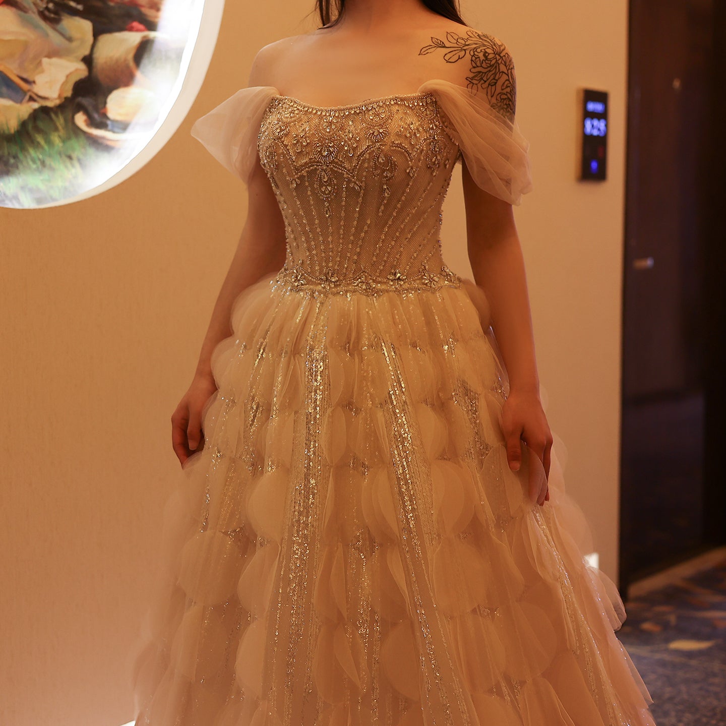 Luxury Crystal Blush Pink Off Shoulder Ruffles Evening Dress SS733