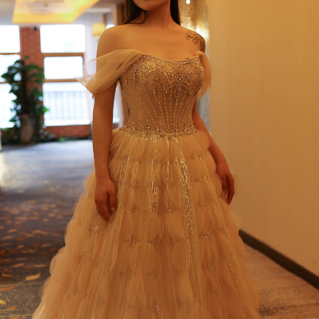 Luxury Crystal Blush Pink Off Shoulder Ruffles Evening Dress SS733