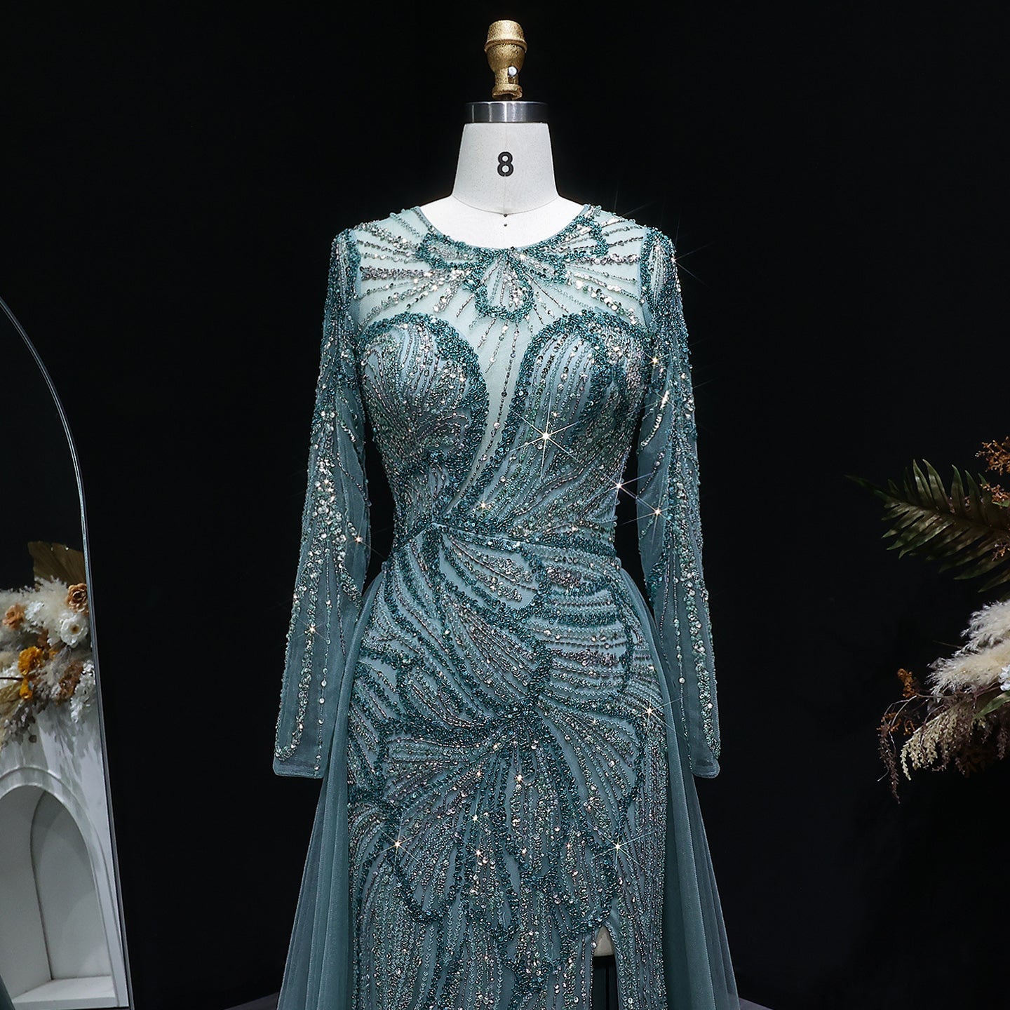 Glamorous Green Beaded High Slit Evening Dress with Overskirt SS160