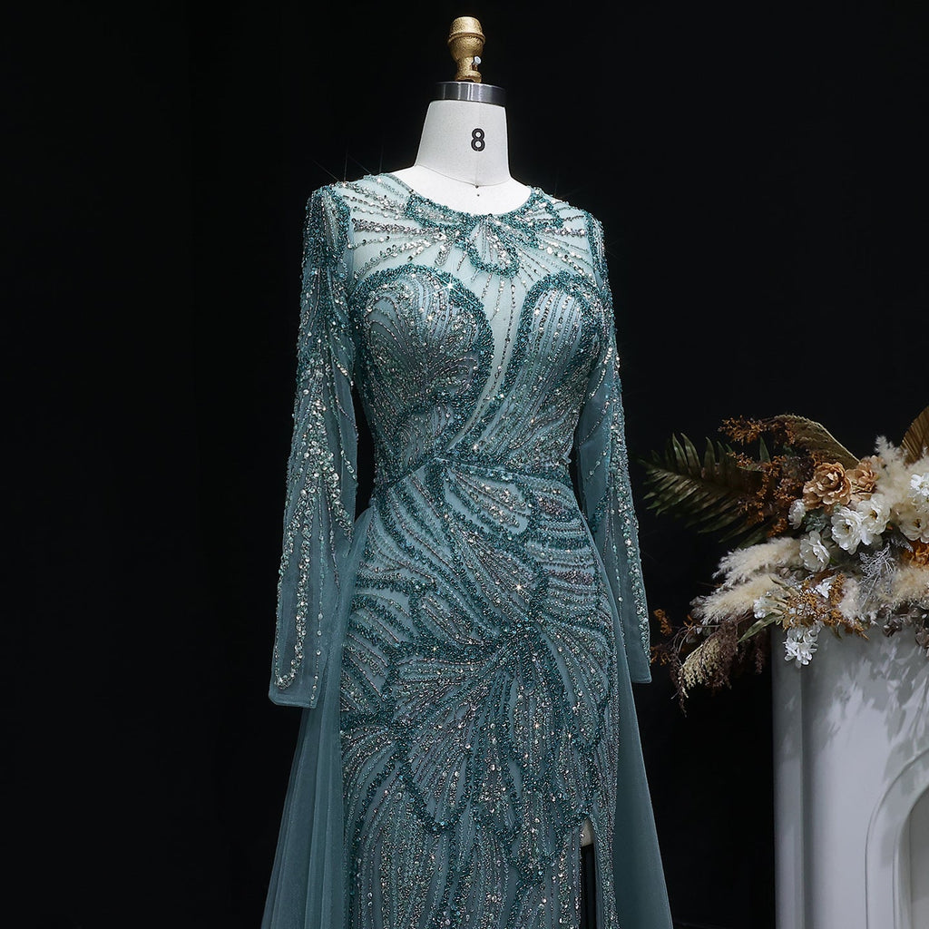 Glamorous Green Beaded High Slit Evening Dress with Overskirt SS160