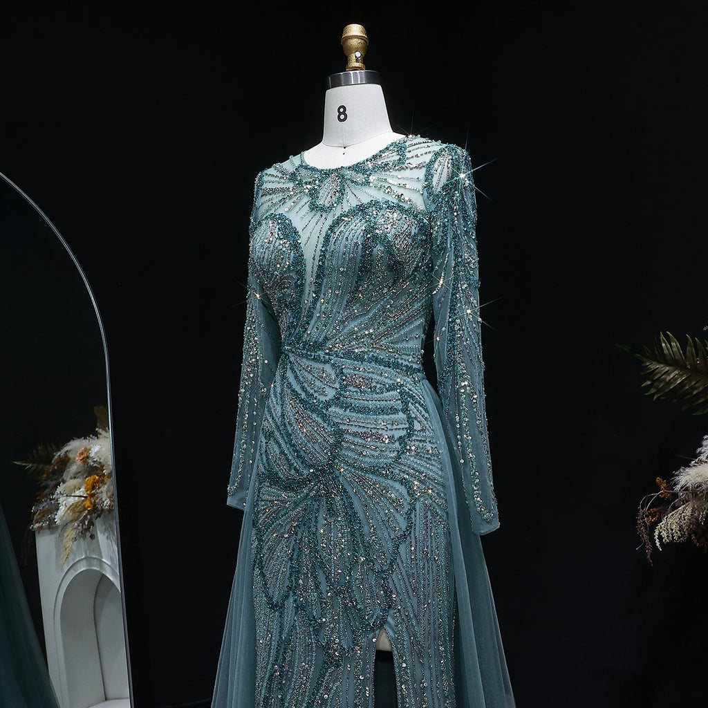 Glamorous Green Beaded High Slit Evening Dress with Overskirt SS160