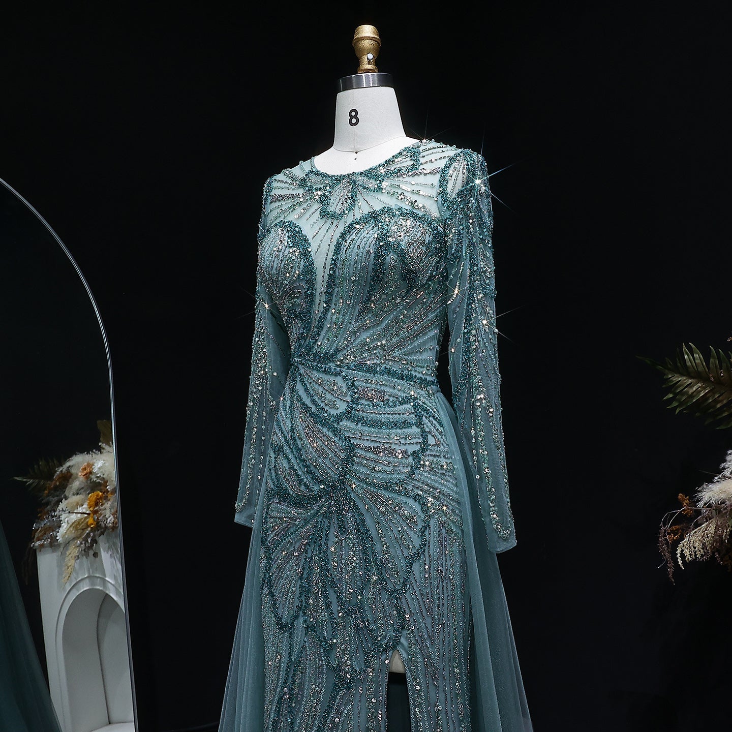 Glamorous Green Beaded High Slit Evening Dress with Overskirt SS160