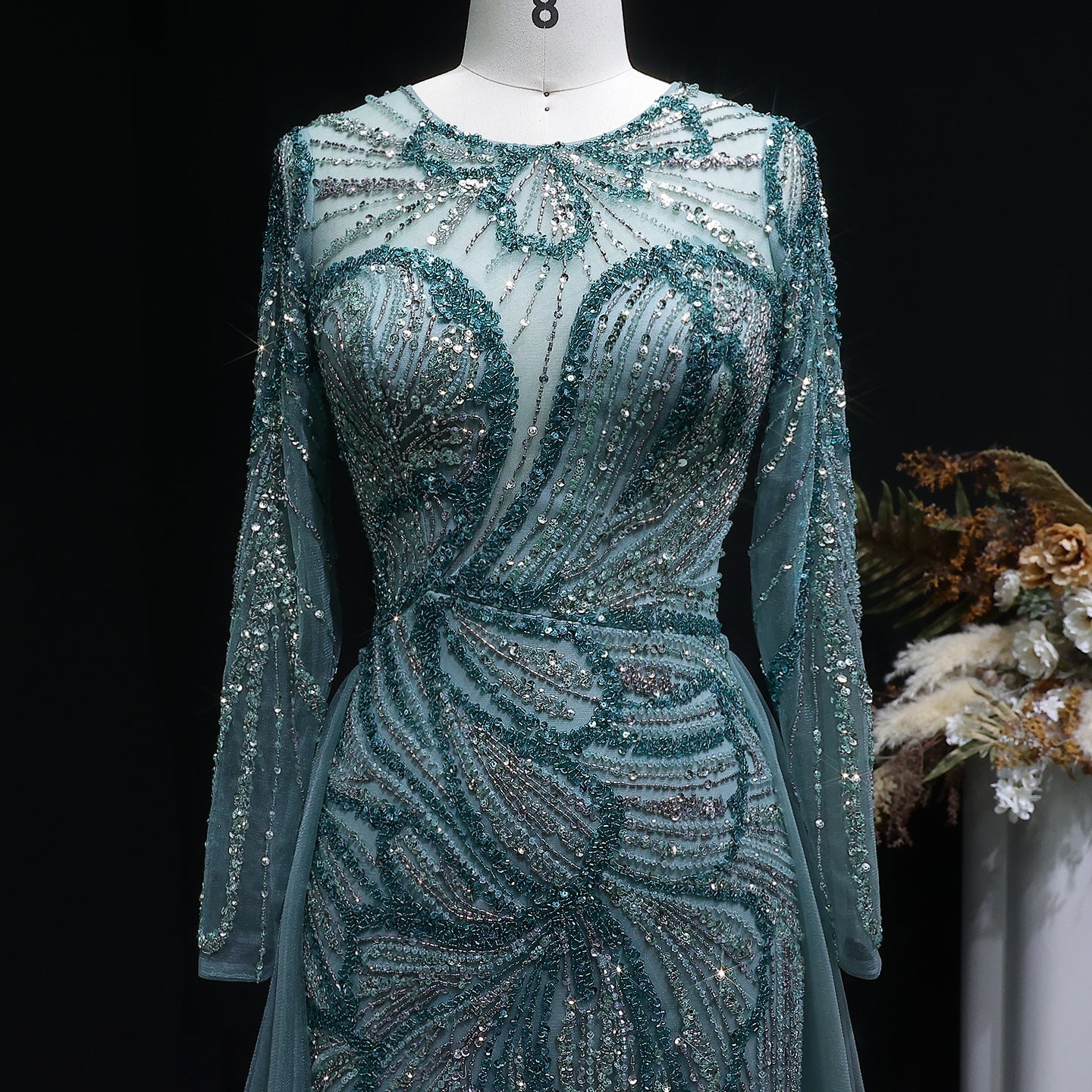 Glamorous Green Beaded High Slit Evening Dress with Overskirt SS160