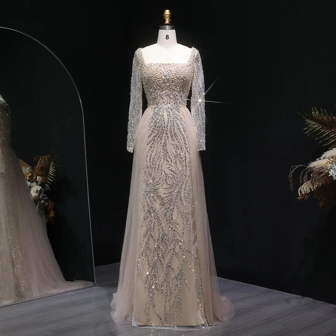 Luxury Beaded Champagne Long Sleeve Evening Dress SS632