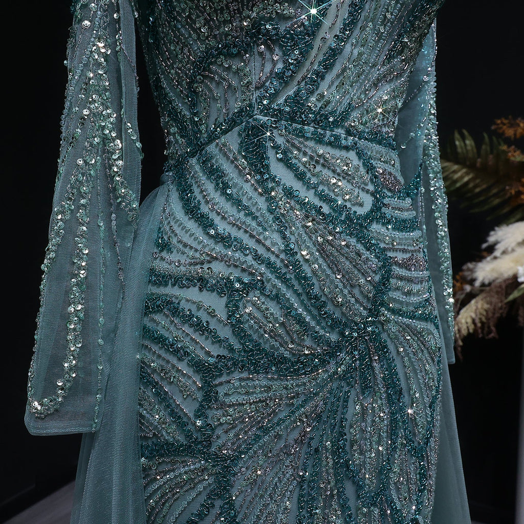 Glamorous Green Beaded High Slit Evening Dress with Overskirt SS160