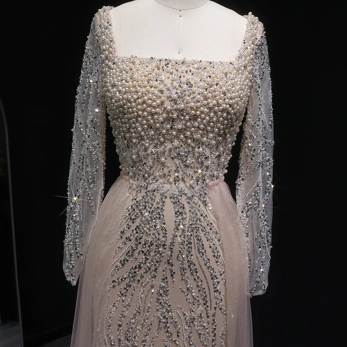 Luxury Beaded Champagne Long Sleeve Evening Dress SS632