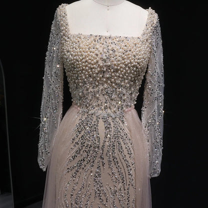 Luxury Beaded Champagne Long Sleeve Evening Dress SS632
