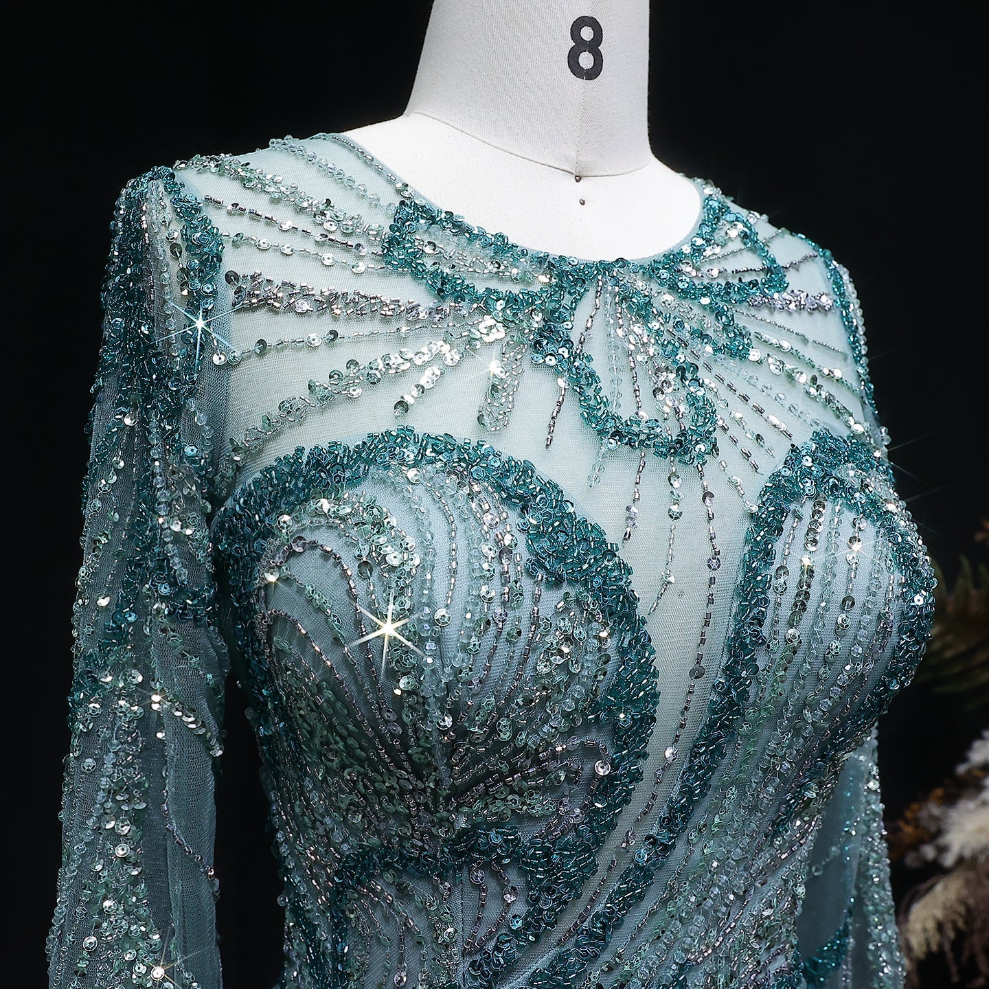 Glamorous Green Beaded High Slit Evening Dress with Overskirt SS160