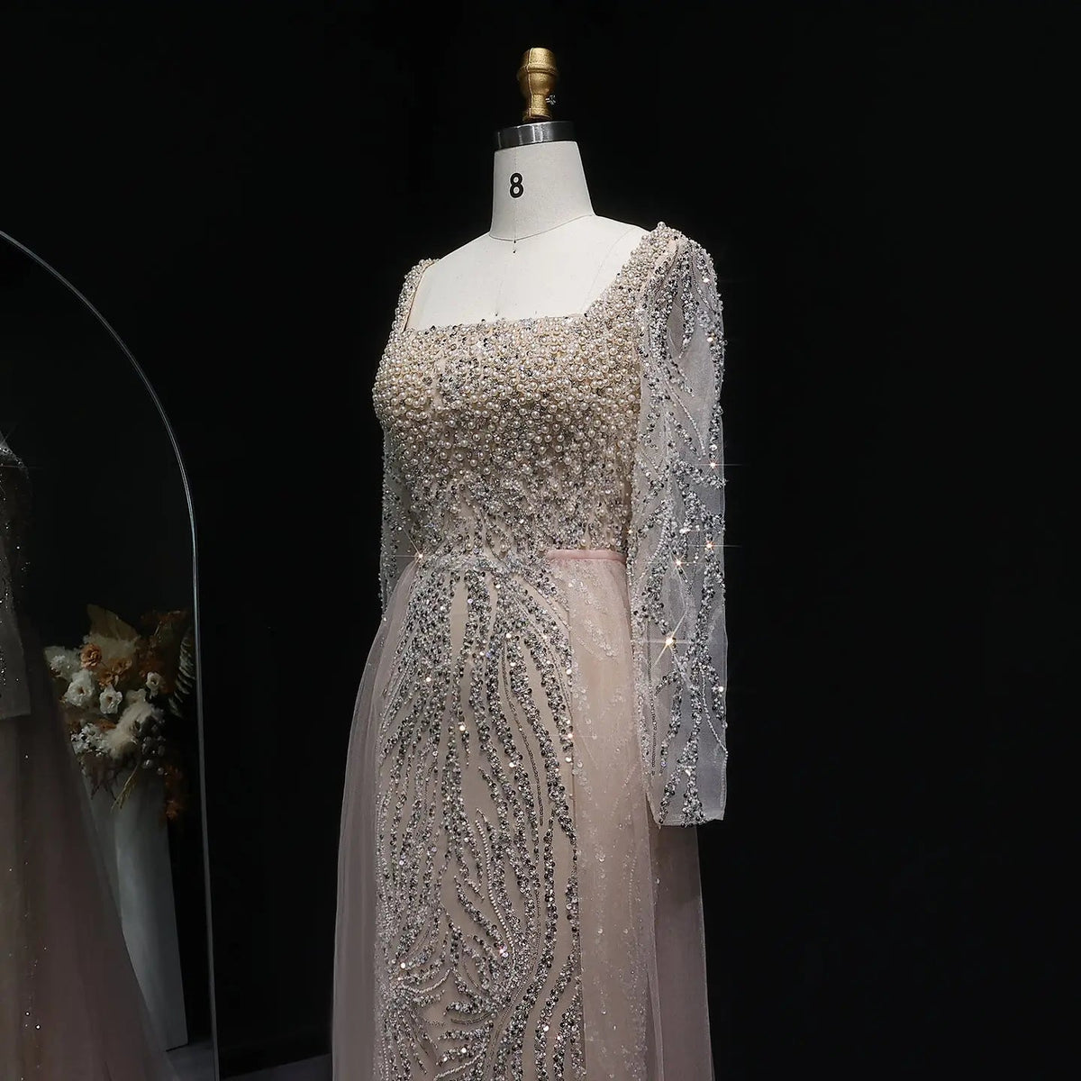 Luxury Beaded Champagne Long Sleeve Evening Dress SS632