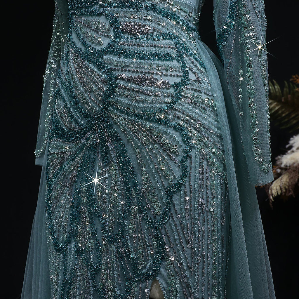 Glamorous Green Beaded High Slit Evening Dress with Overskirt SS160