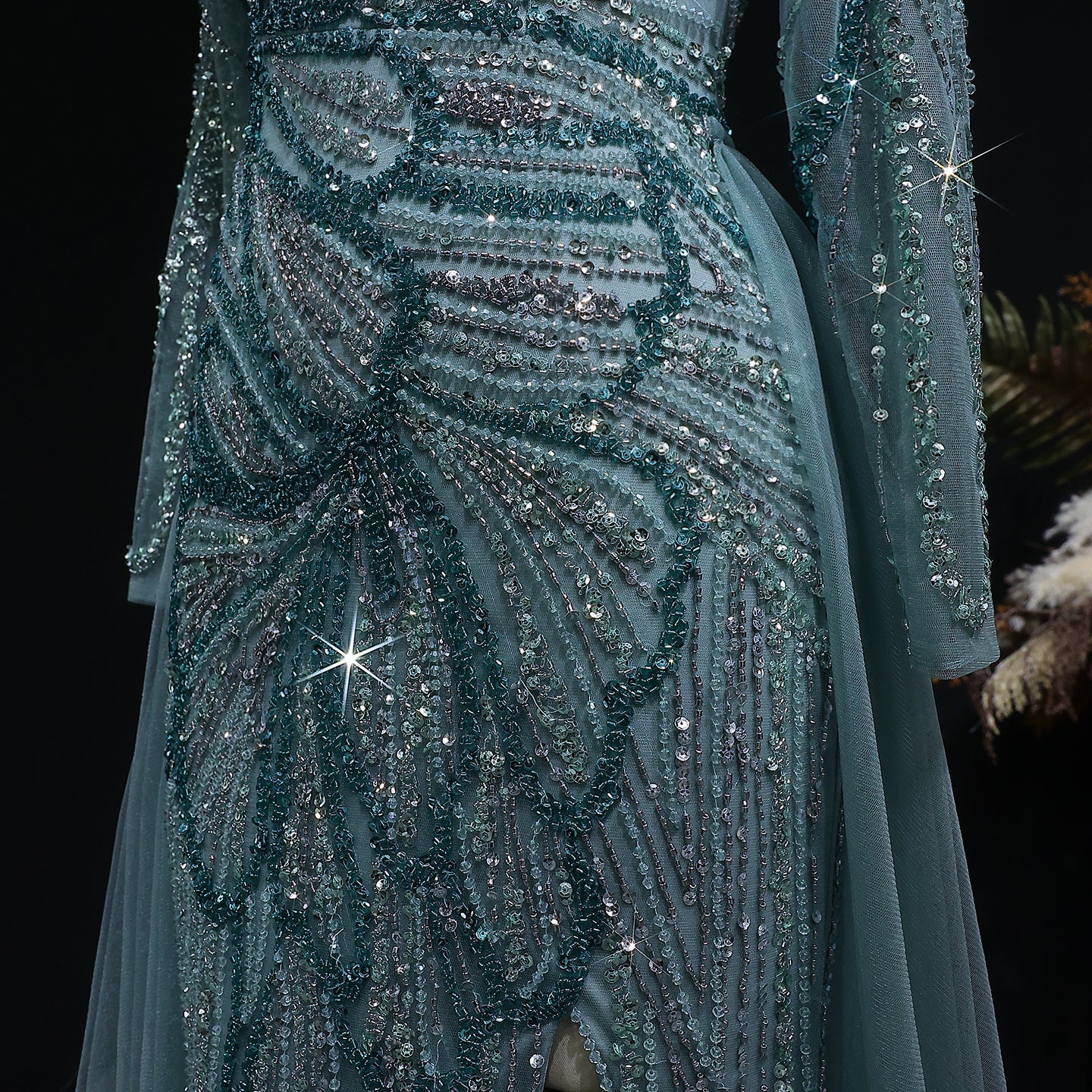 Glamorous Green Beaded High Slit Evening Dress with Overskirt SS160